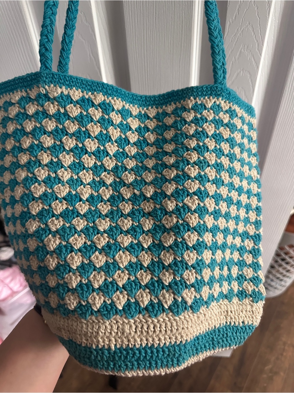 Handmade Crochet Turquoise and Cream Women’s Tote Bag